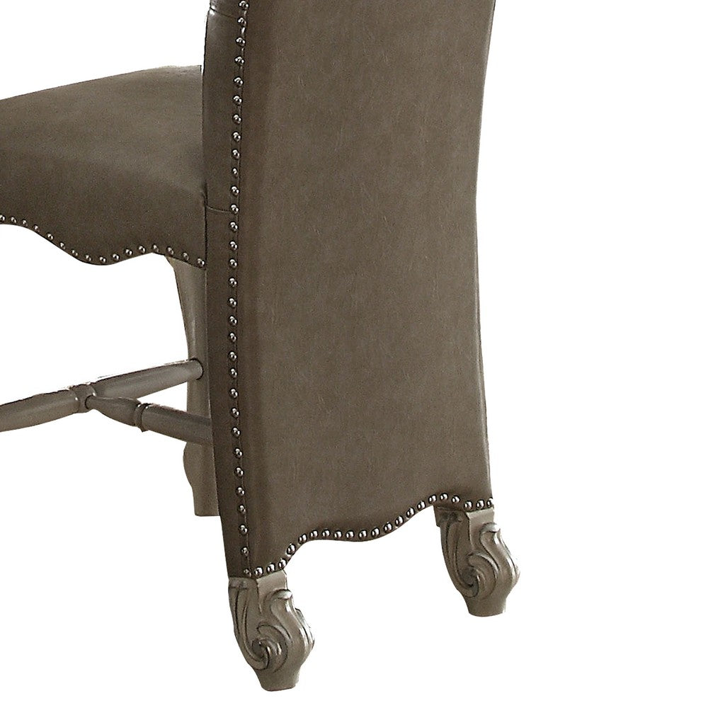 Benzara Faux Leather Upholstered Wooden Counter Height Chair with Nail head Trim, Gray And White, Set of Two