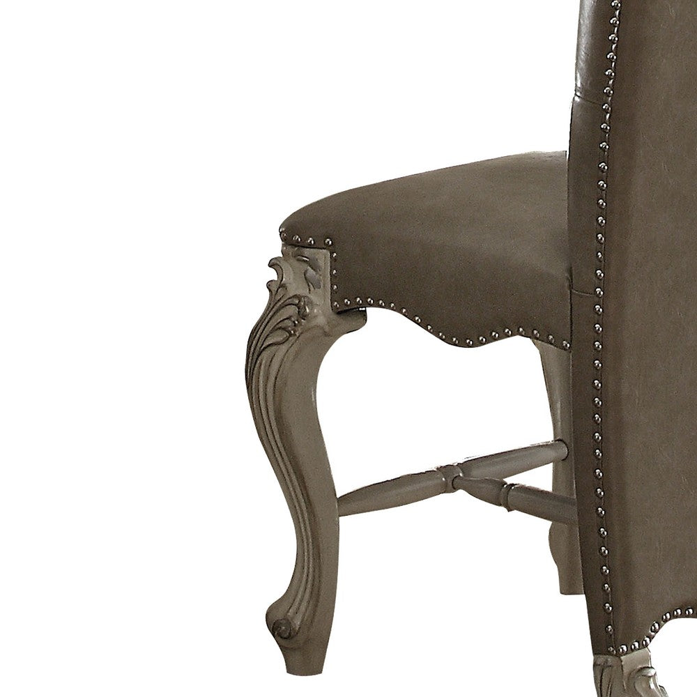 Benzara Faux Leather Upholstered Wooden Counter Height Chair with Nail head Trim, Gray And White, Set of Two