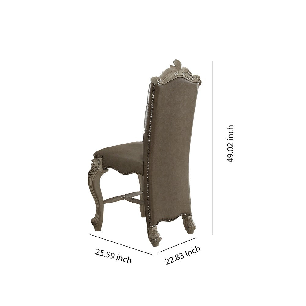 Benzara Faux Leather Upholstered Wooden Counter Height Chair with Nail head Trim, Gray And White, Set of Two