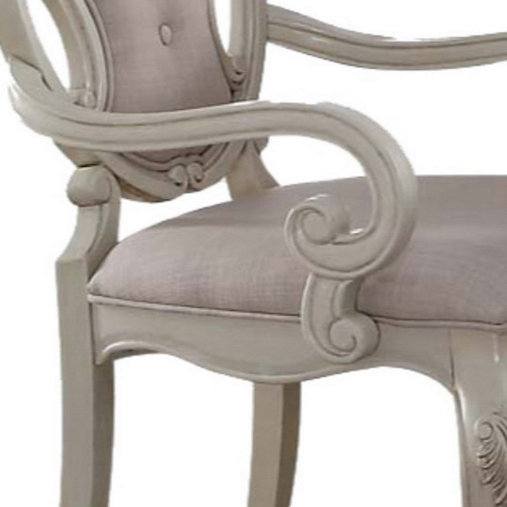 Benzara Fabric Upholstered Wooden Arm Chairs with Cabriole Legs, White And Gray, Set of Two