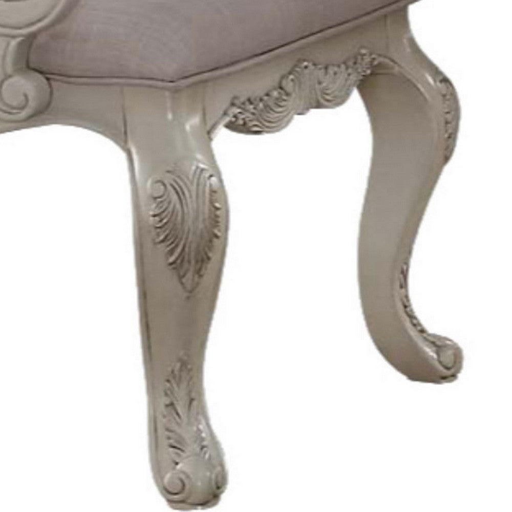 Benzara Fabric Upholstered Wooden Arm Chairs with Cabriole Legs, White And Gray, Set of Two