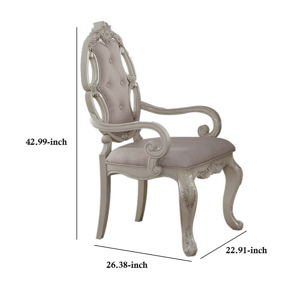 Benzara Fabric Upholstered Wooden Arm Chairs with Cabriole Legs, White And Gray, Set of Two