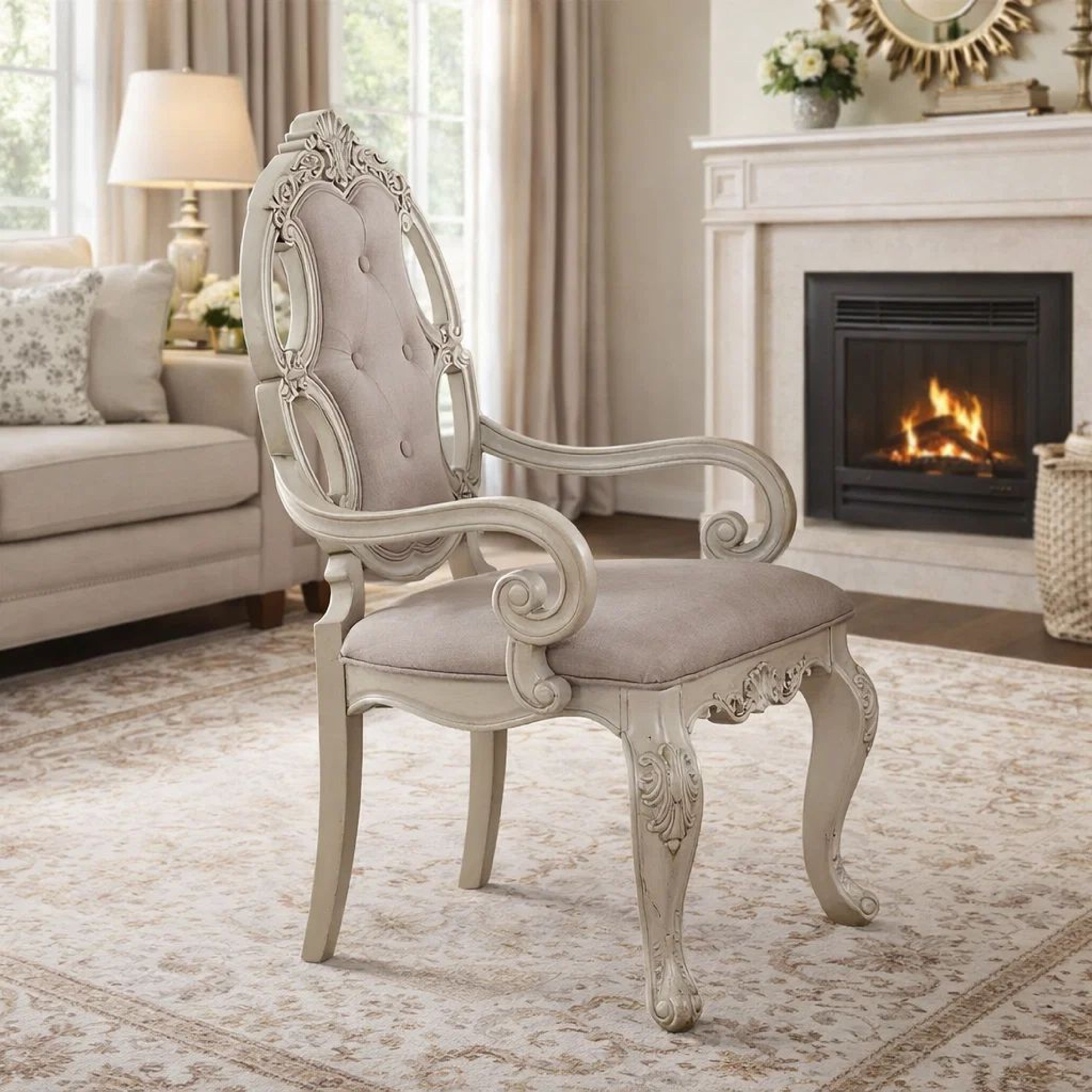 Benzara Fabric Upholstered Wooden Arm Chairs with Cabriole Legs, White And Gray, Set of Two