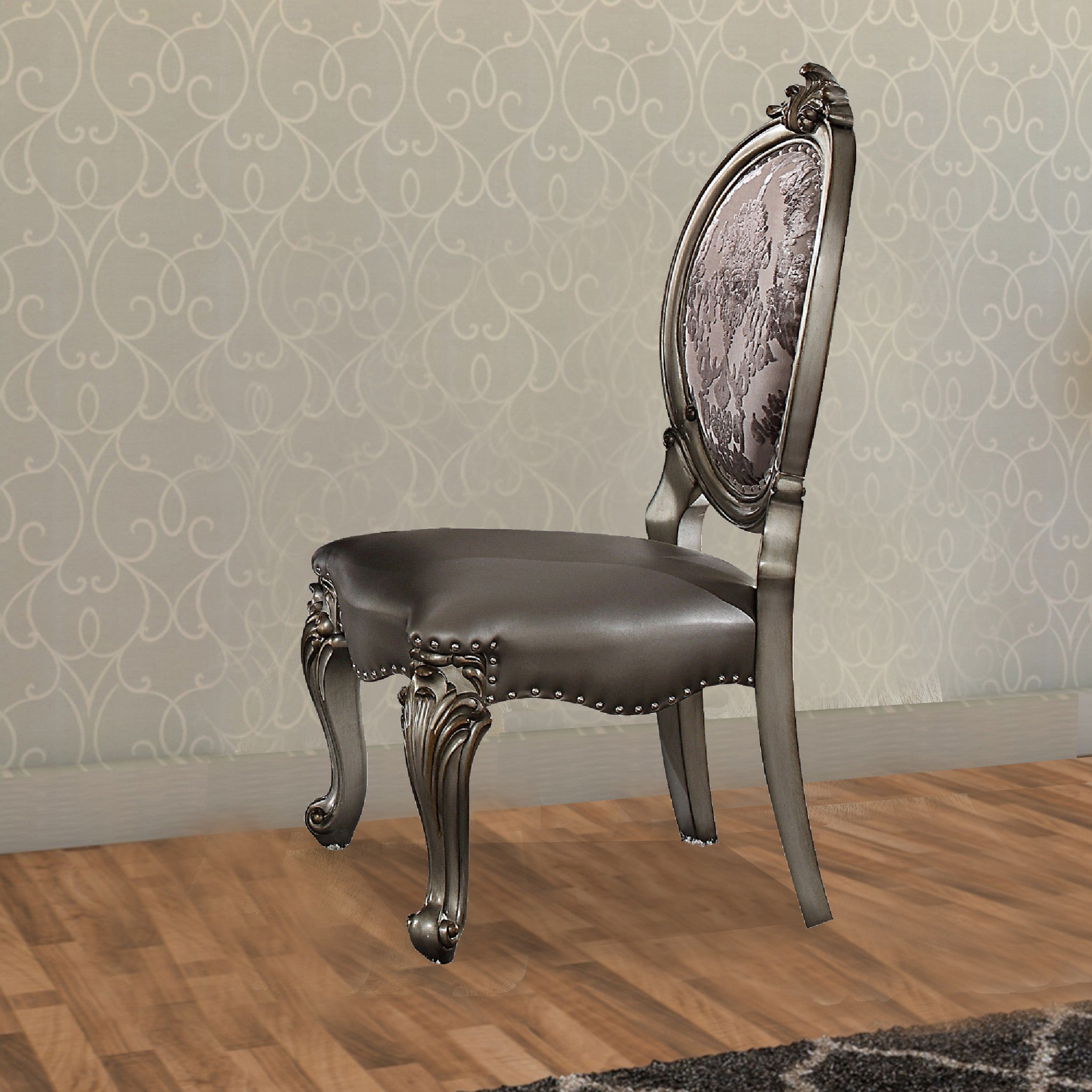 Benzara Dining Chair, Vegan Leather, Cabriole Legs, Set of 2, Silver