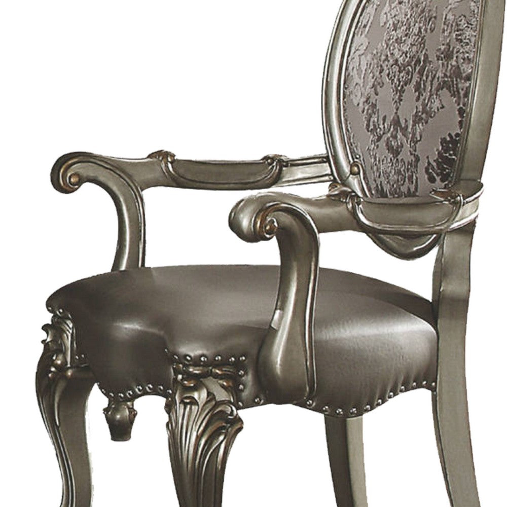 Benzara Wooden Arm Chairs with Fabric Upholstered Back And Leatherette Seat, Silver, Set of Two