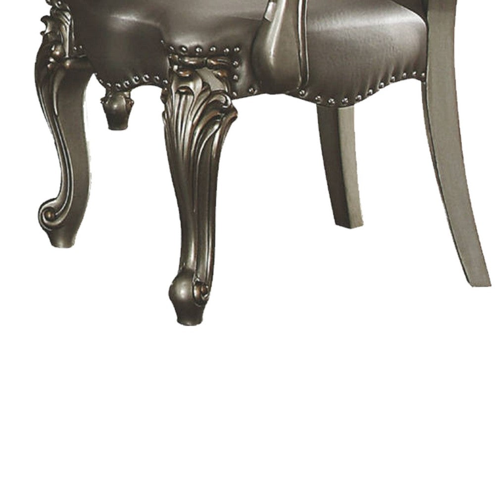 Benzara Wooden Arm Chairs with Fabric Upholstered Back And Leatherette Seat, Silver, Set of Two