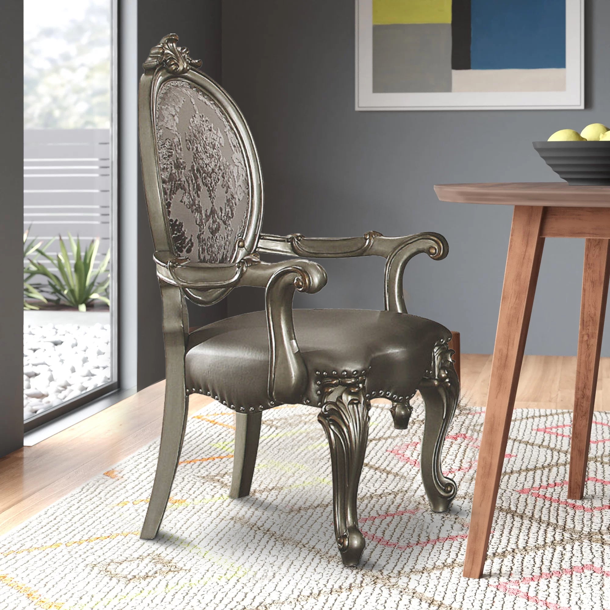 Benzara Wooden Arm Chairs with Fabric Upholstered Back And Leatherette Seat, Silver, Set of Two