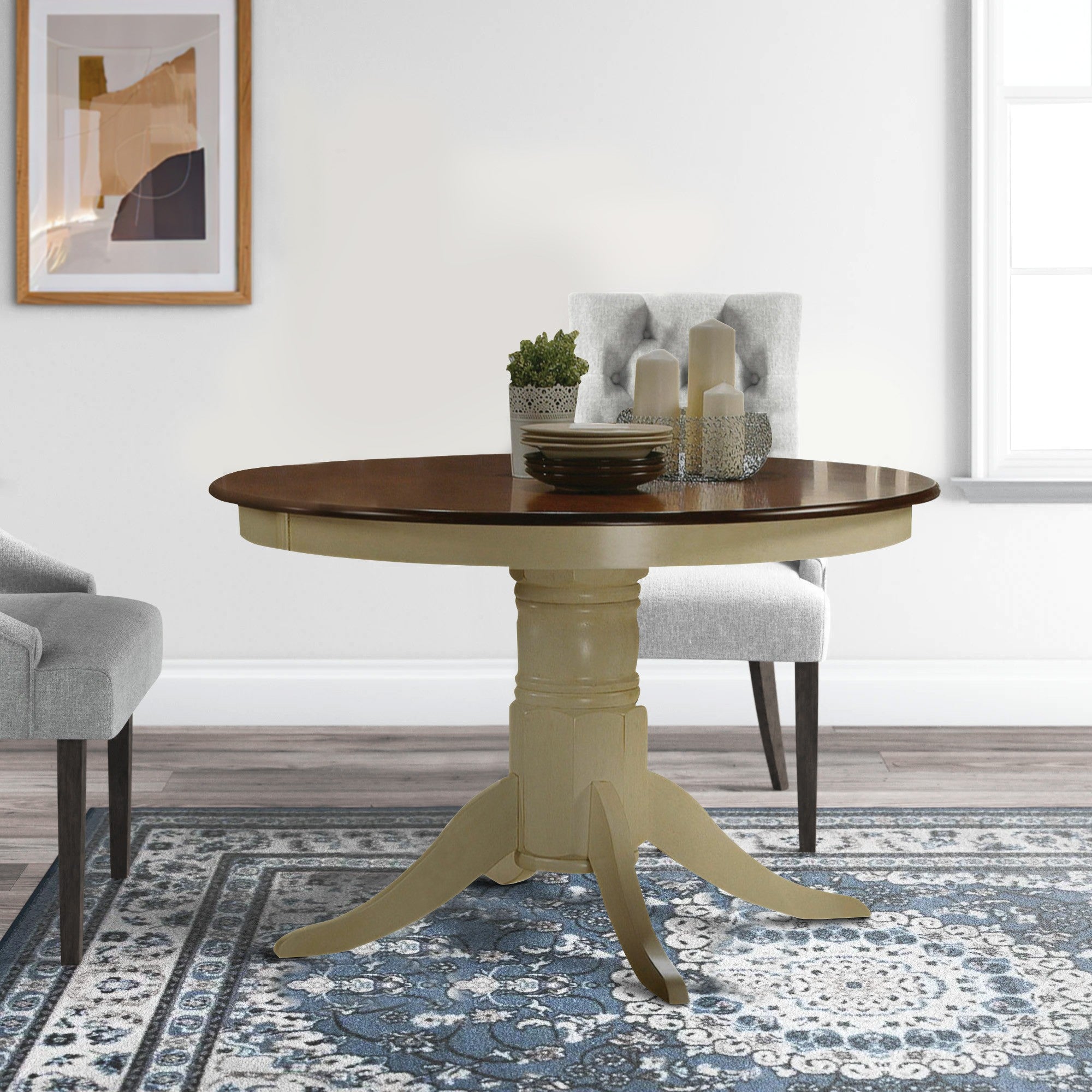 Benjara Smooth Wooden Round Dining Table With Pedestal Base, Brown And Cream
