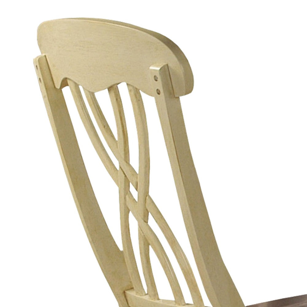 Benzara Wooden Side Chair with Overlapped Design Back And Scoop Seat, White And Brown, Set of Two