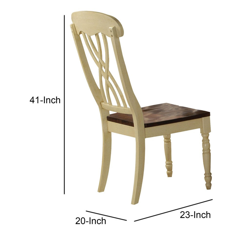 Benzara Wooden Side Chair with Overlapped Design Back And Scoop Seat, White And Brown, Set of Two