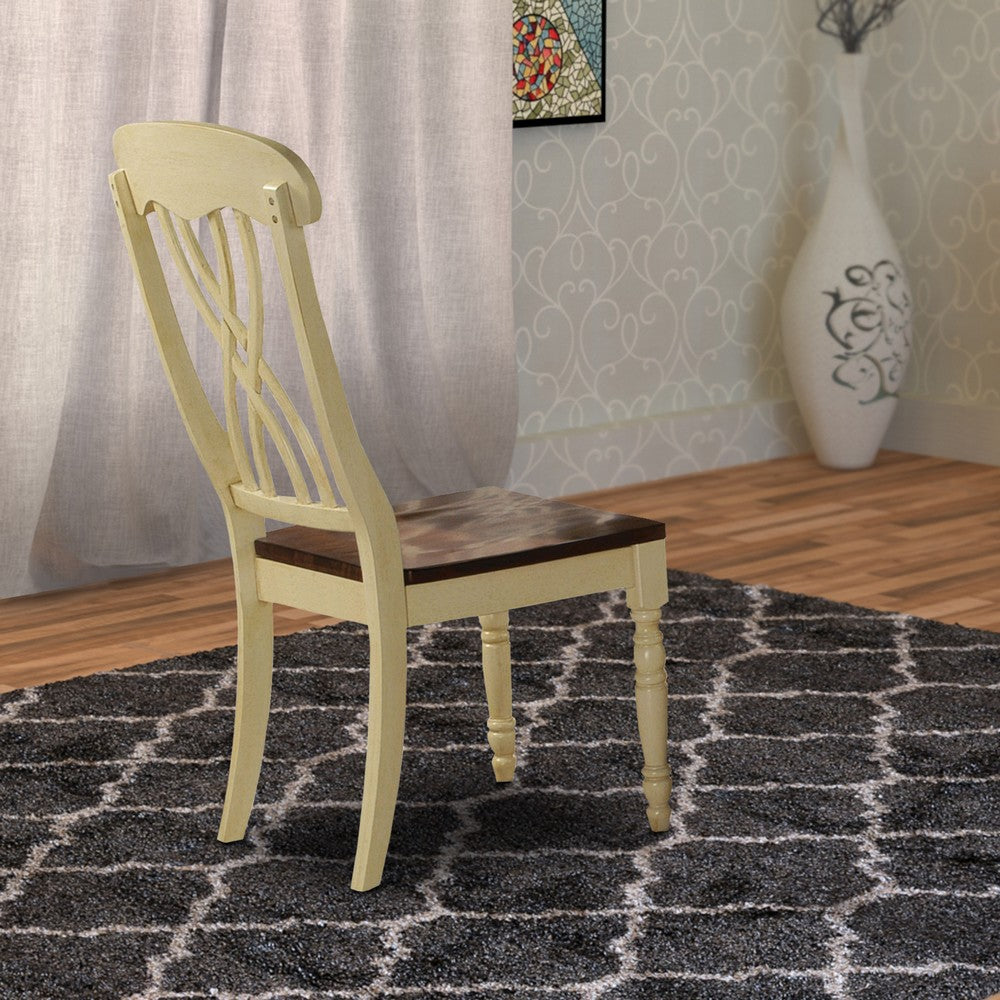 Benzara Wooden Side Chair with Overlapped Design Back And Scoop Seat, White And Brown, Set of Two