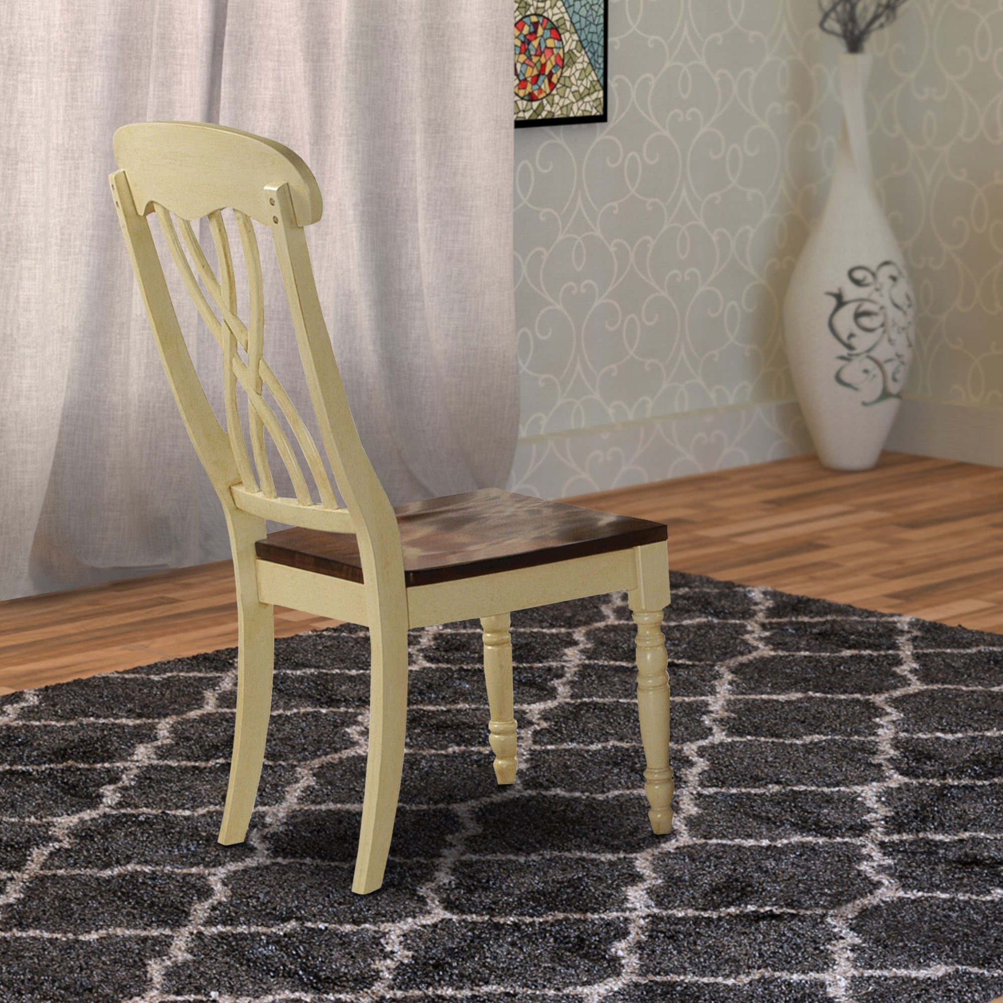 Benzara Wooden Side Chair with Overlapped Design Back And Scoop Seat, White And Brown, Set of Two