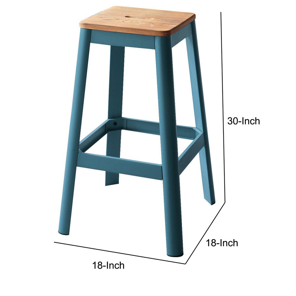 Benzara Industrial Style Metal Frame And Wooden Bar Stool, Brown And Blue