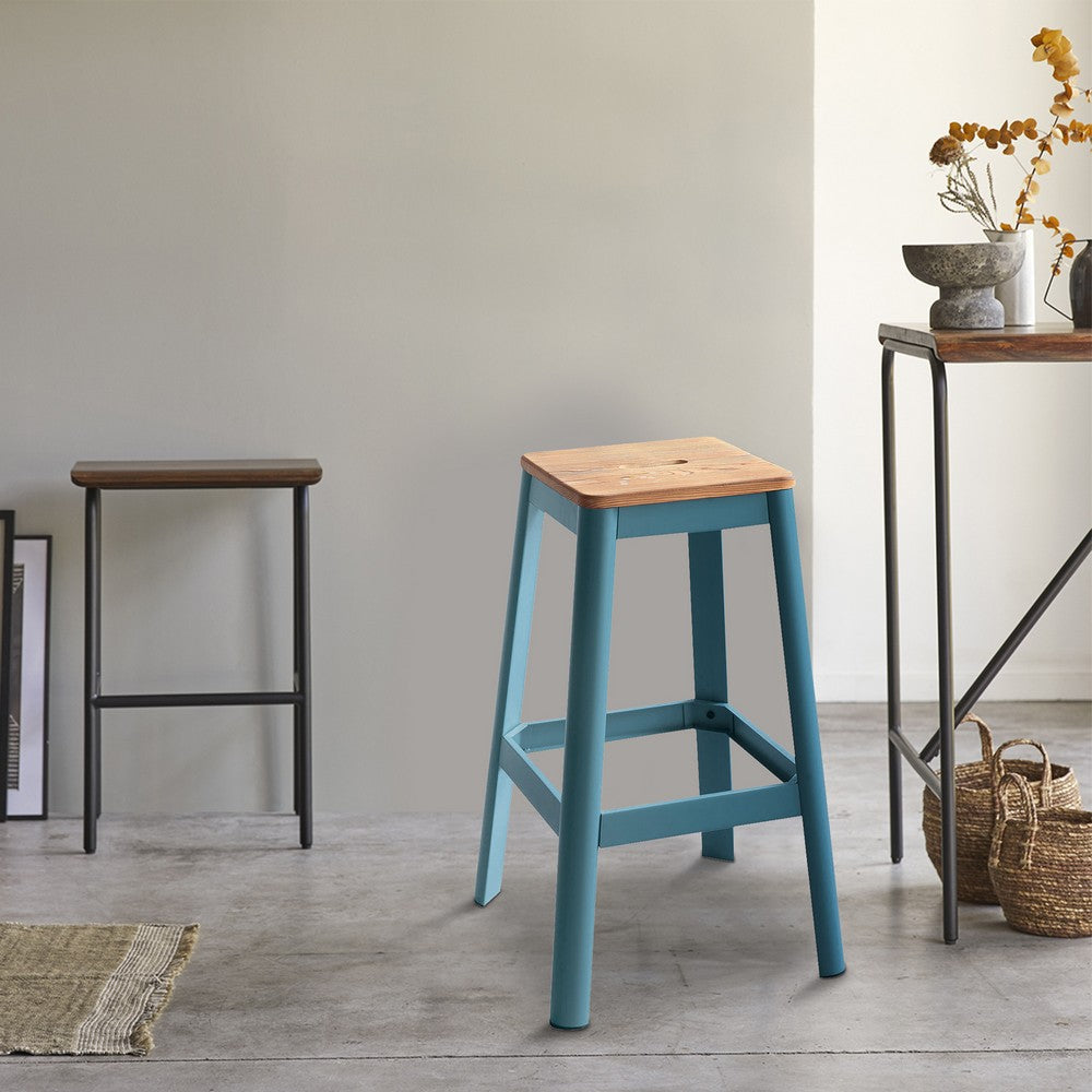 Benzara Industrial Style Metal Frame And Wooden Bar Stool, Brown And Blue