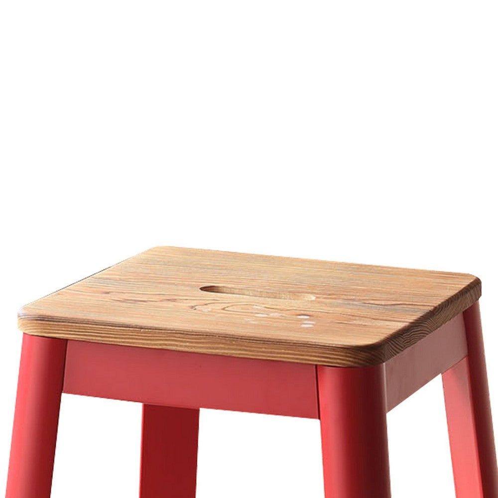 Benzara Industrial Style Metal Frame And Wooden Bar Stool, Brown And Red