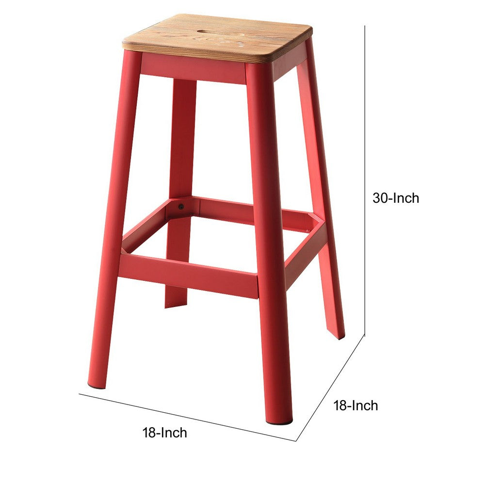 Benzara Industrial Style Metal Frame And Wooden Bar Stool, Brown And Red