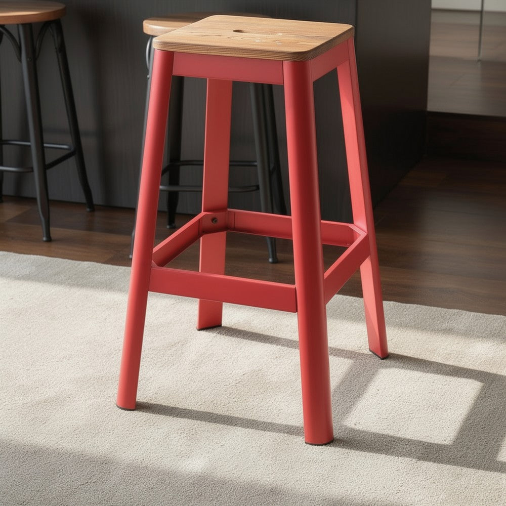 Benzara Industrial Style Metal Frame And Wooden Bar Stool, Brown And Red