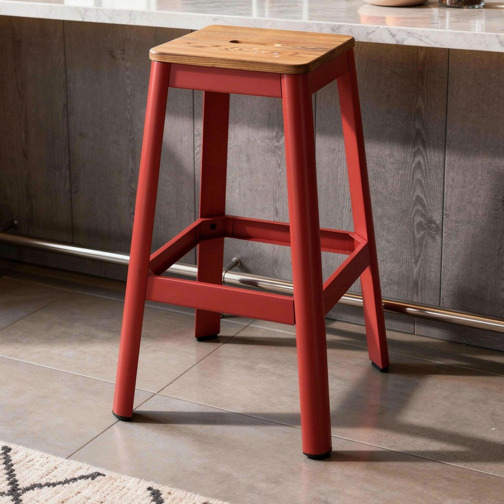 Benzara Industrial Style Metal Frame And Wooden Bar Stool, Brown And Red
