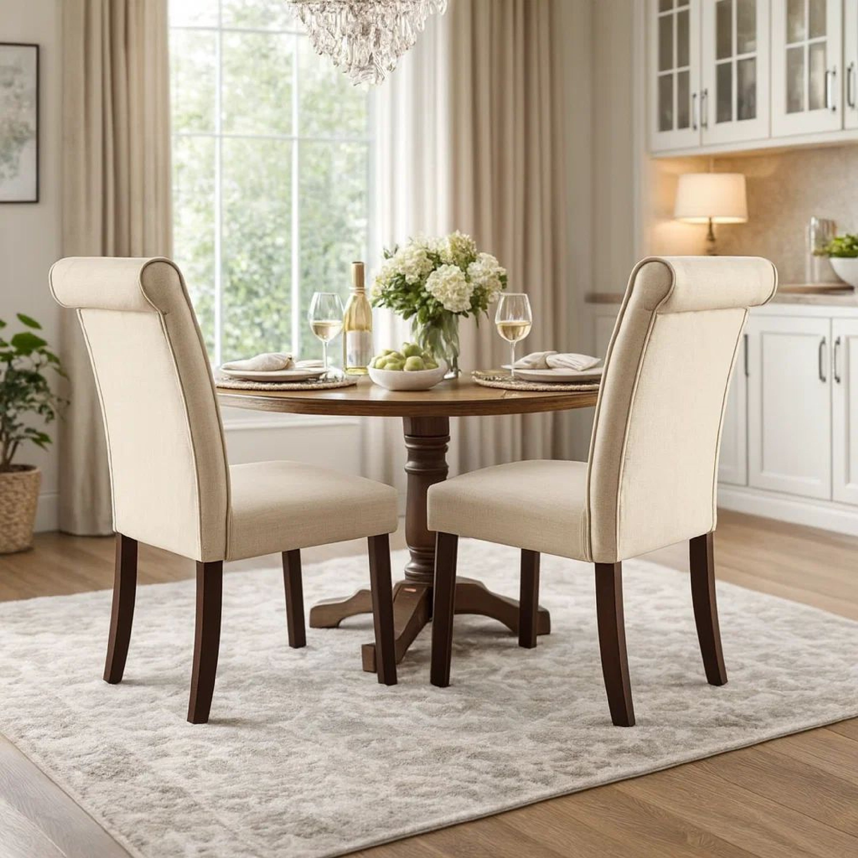 Benzara Dining Chair with Fabric Button Tufted Back, Set of 2, Beige