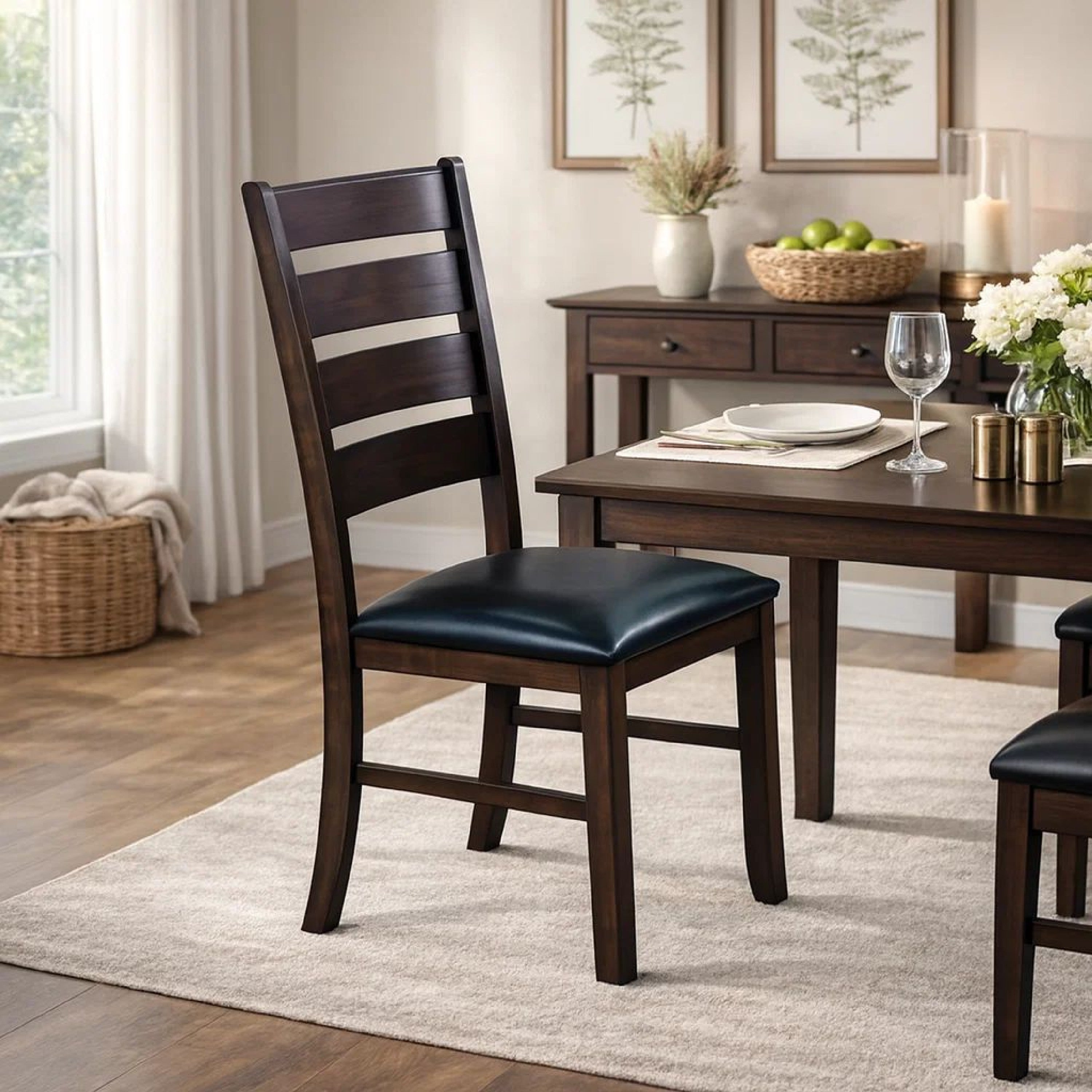 Benzara Ladder Back Wooden Side Chair with Leatherette seat, Set of 2, Black And Brown