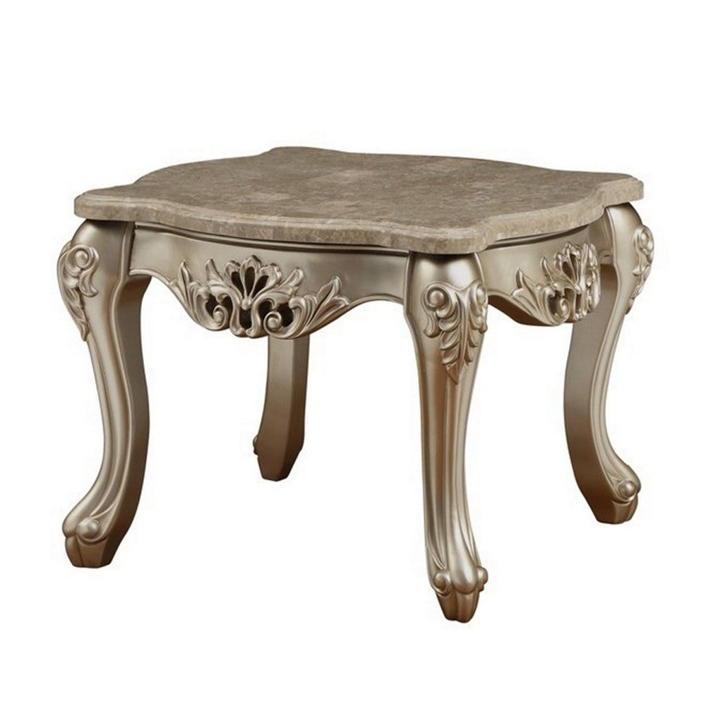 Benzara Marble Top Wooden End Table with Queen Anne Style Legs, Champagne Gold