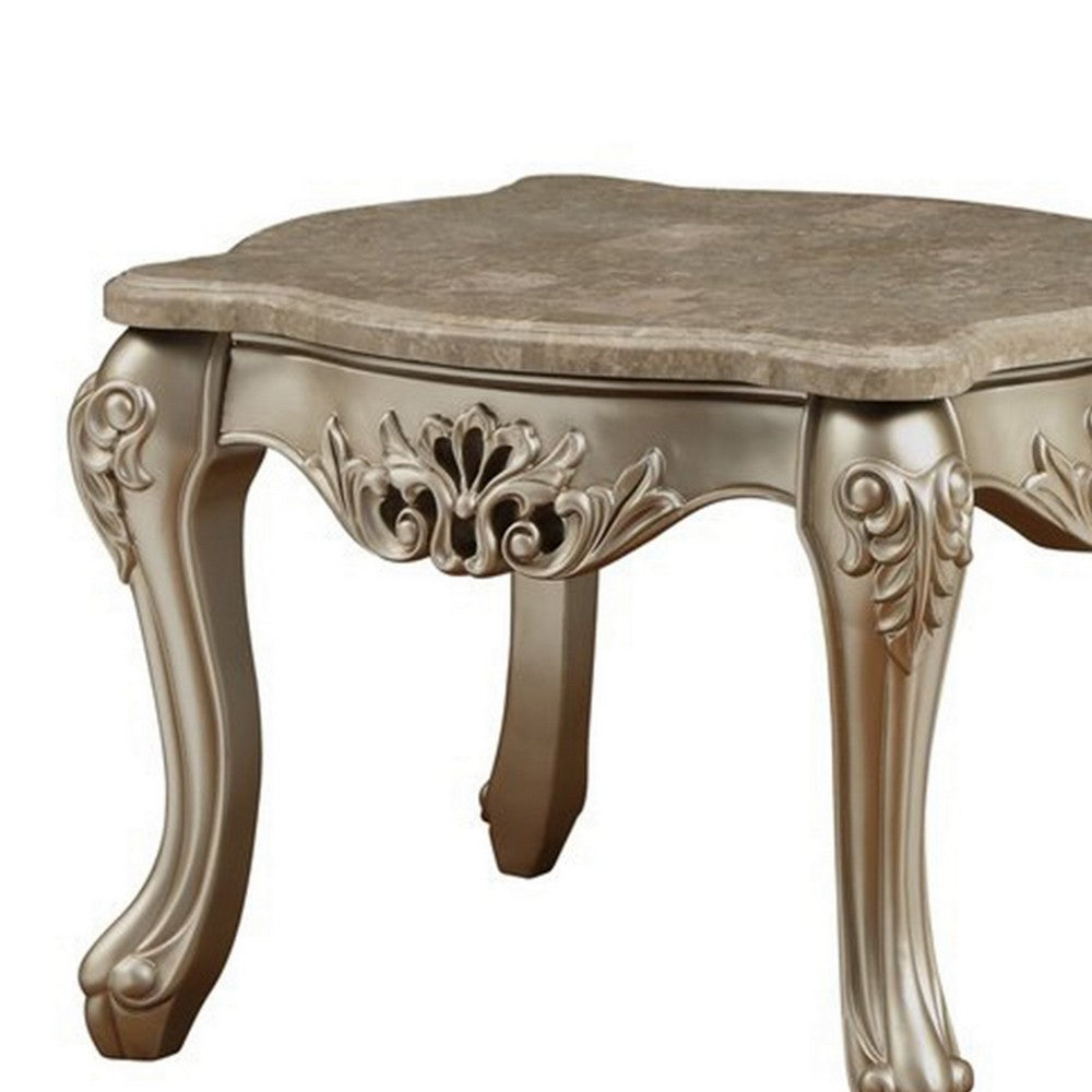 Benzara Marble Top Wooden End Table with Queen Anne Style Legs, Champagne Gold