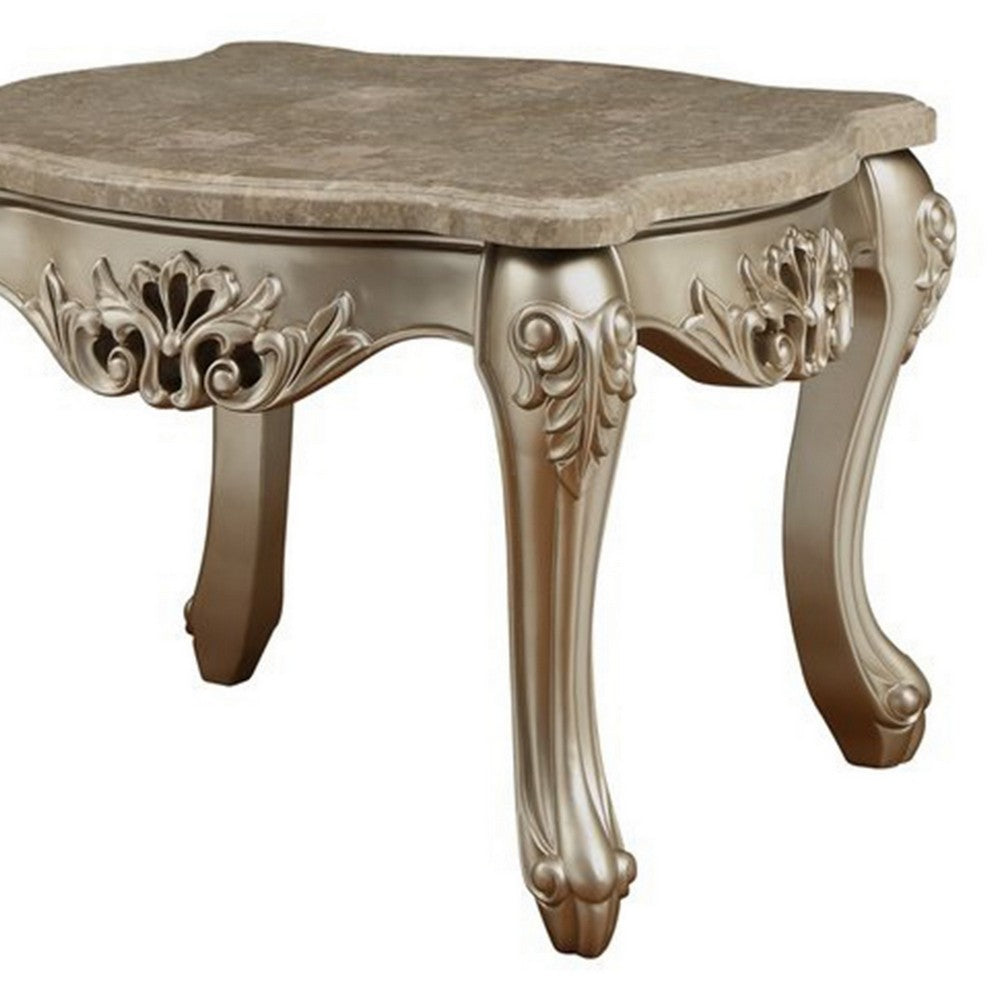 Benzara Marble Top Wooden End Table with Queen Anne Style Legs, Champagne Gold