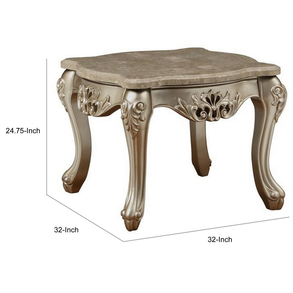 Benzara Marble Top Wooden End Table with Queen Anne Style Legs, Champagne Gold