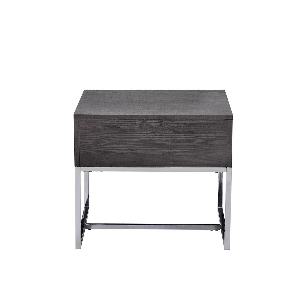 Benjara Wooden End Table with Tubular Metal Base And Spacious Drawer, Gray And Silver
