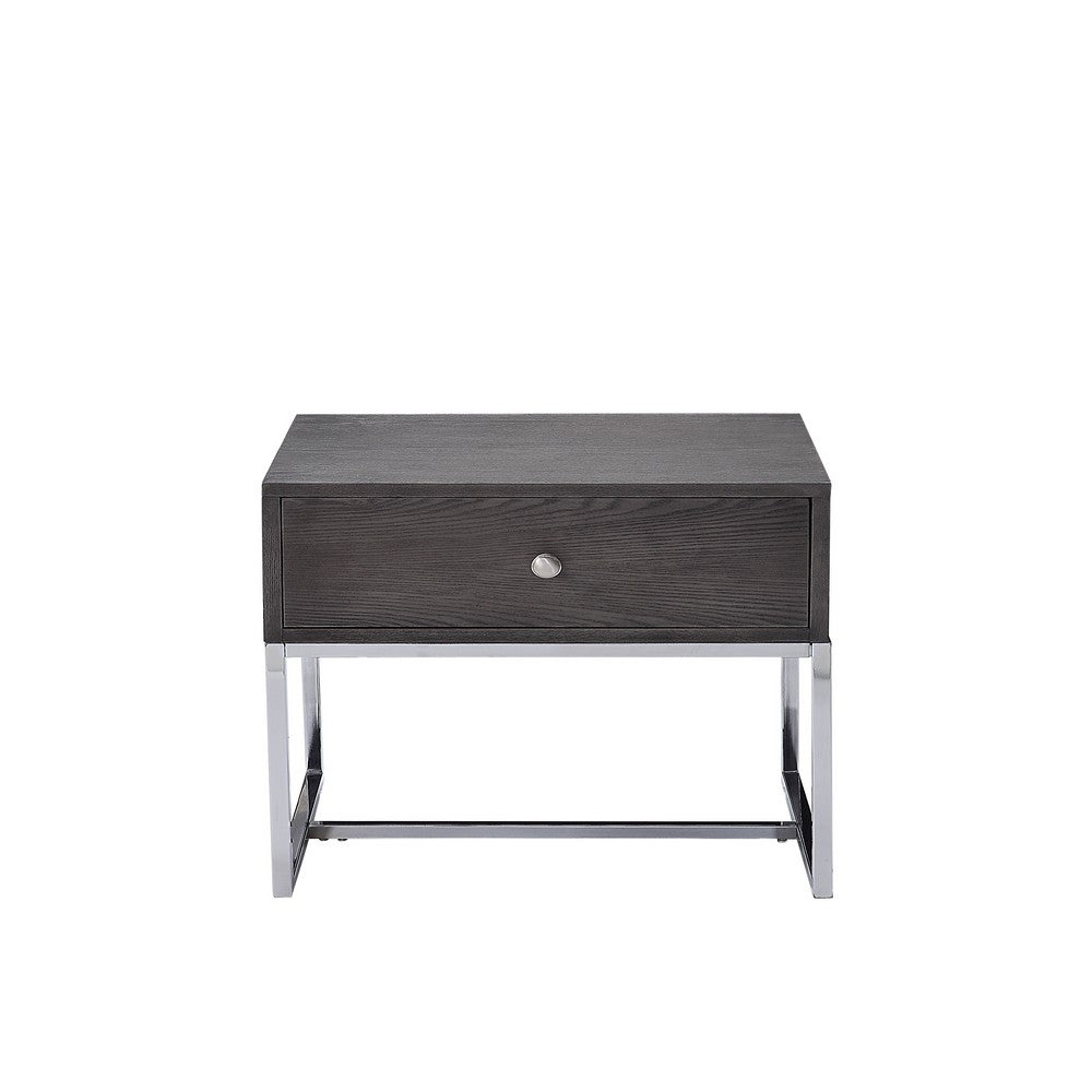 Benjara Wooden End Table with Tubular Metal Base And Spacious Drawer, Gray And Silver