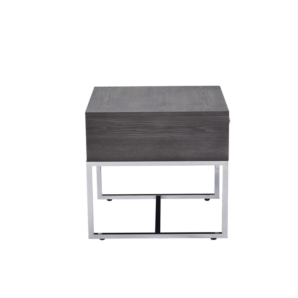 Benjara Wooden End Table with Tubular Metal Base And Spacious Drawer, Gray And Silver