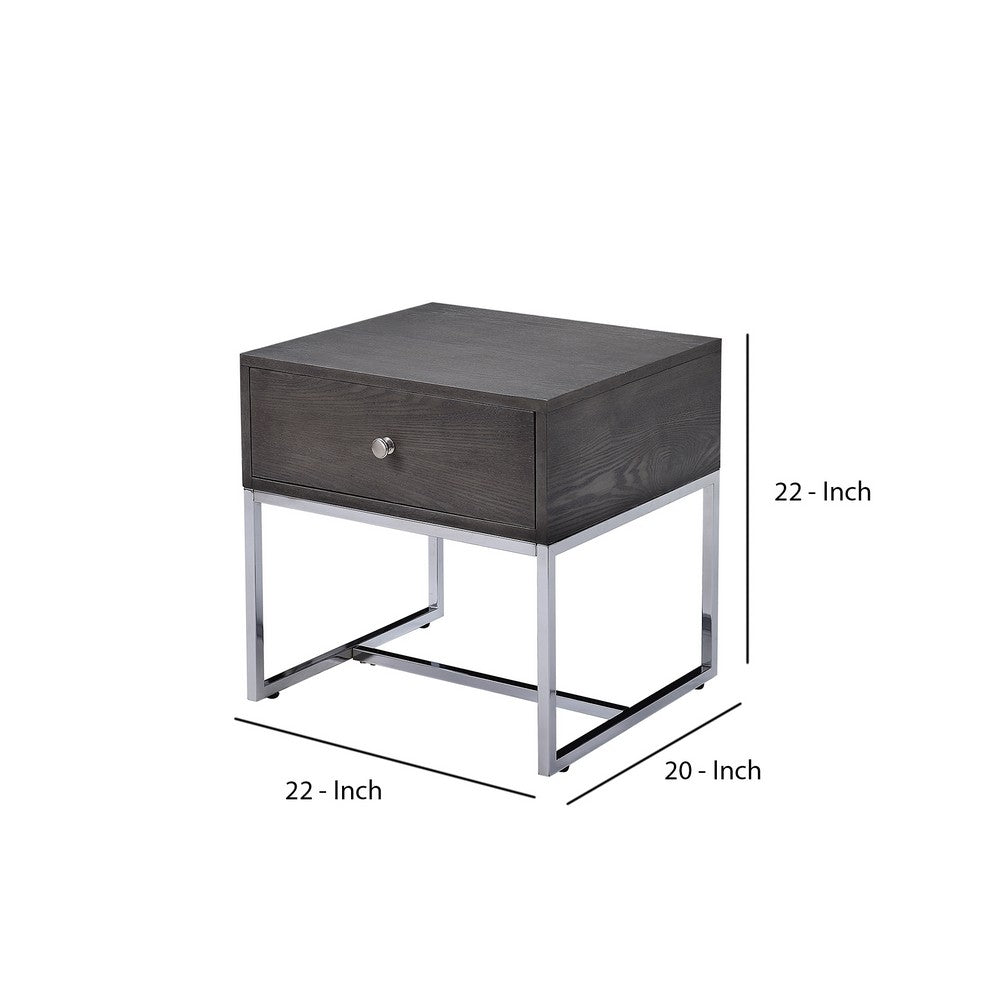 Benjara Wooden End Table with Tubular Metal Base And Spacious Drawer, Gray And Silver