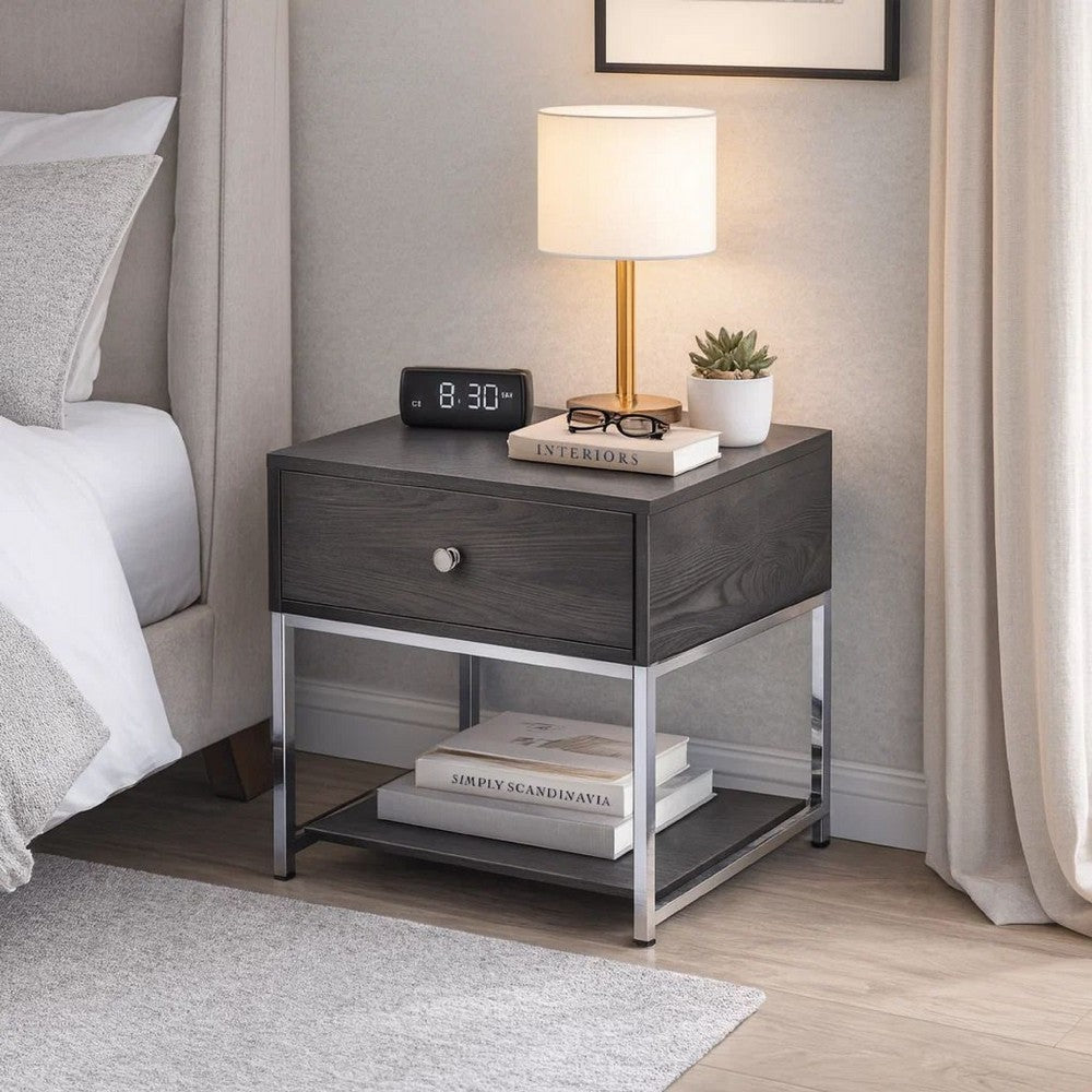 Benjara Wooden End Table with Tubular Metal Base And Spacious Drawer, Gray And Silver