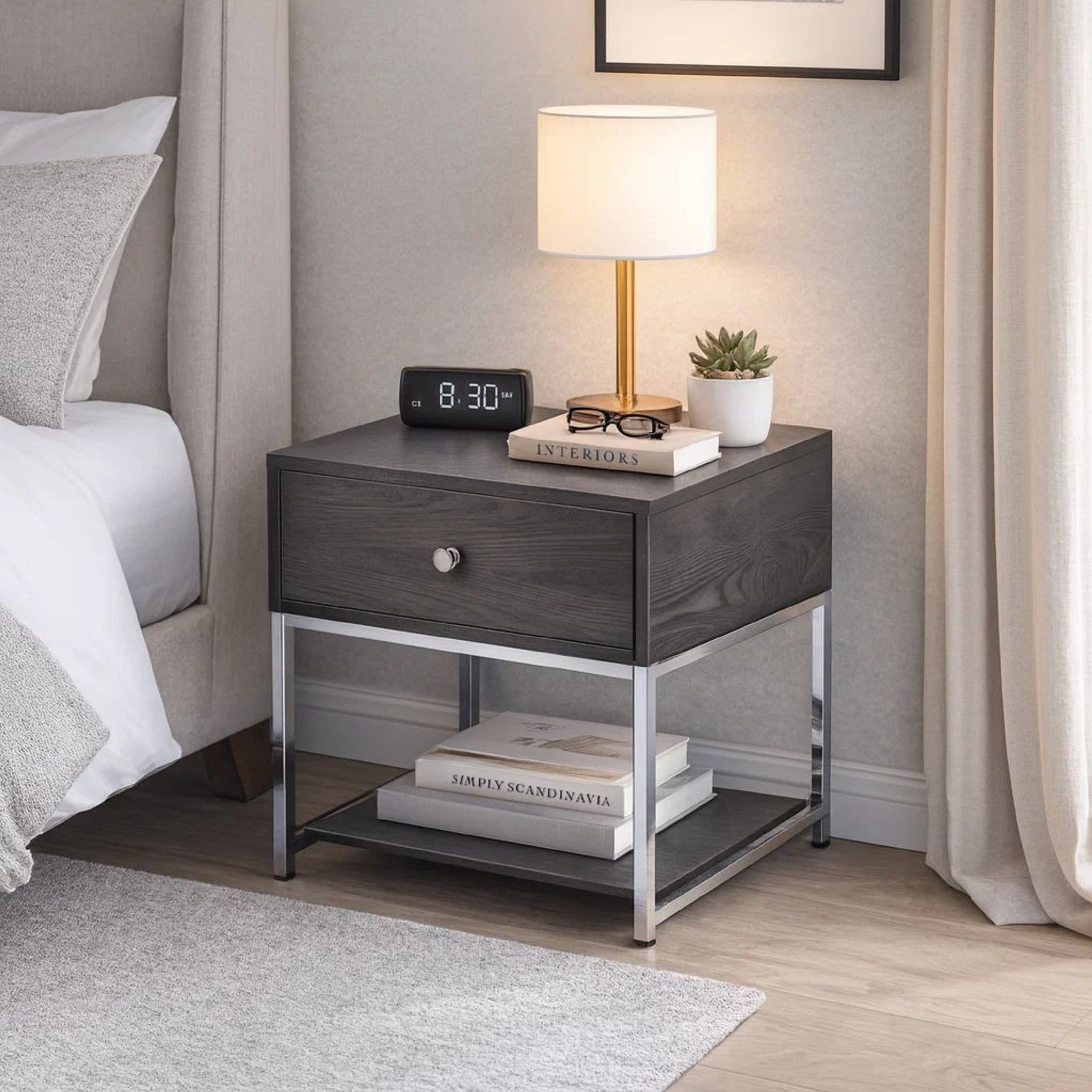 Benjara Wooden End Table with Tubular Metal Base And Spacious Drawer, Gray And Silver