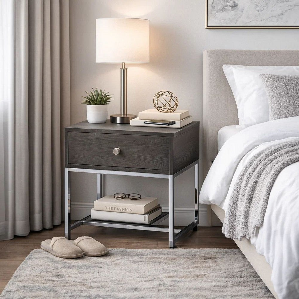 Benjara Wooden End Table with Tubular Metal Base And Spacious Drawer, Gray And Silver