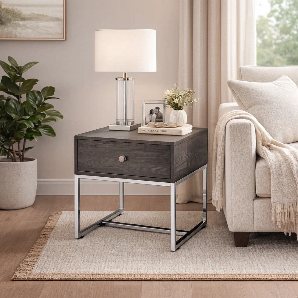Benjara Wooden End Table with Tubular Metal Base And Spacious Drawer, Gray And Silver
