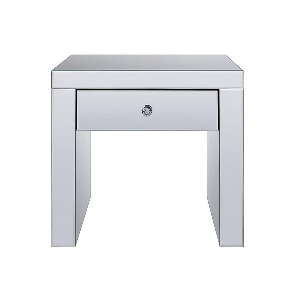 Benjara Wood And Mirror End Table with One Drawer, Clear