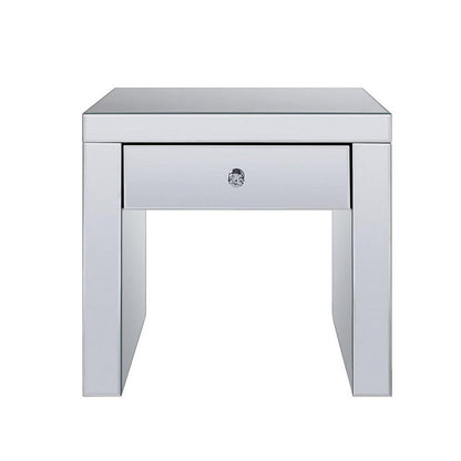 Benjara Wood And Mirror End Table with One Drawer, Clear