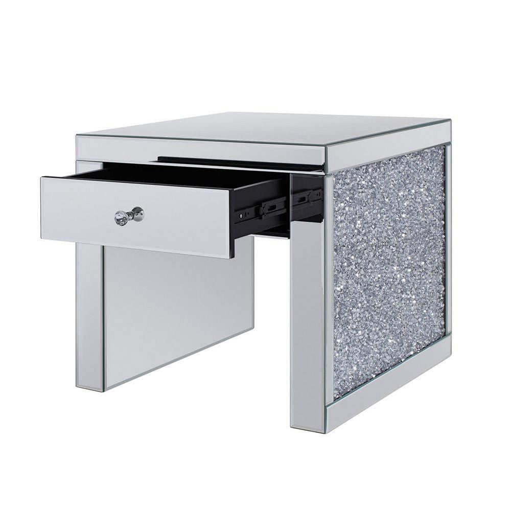 Benjara Wood And Mirror End Table with One Drawer, Clear