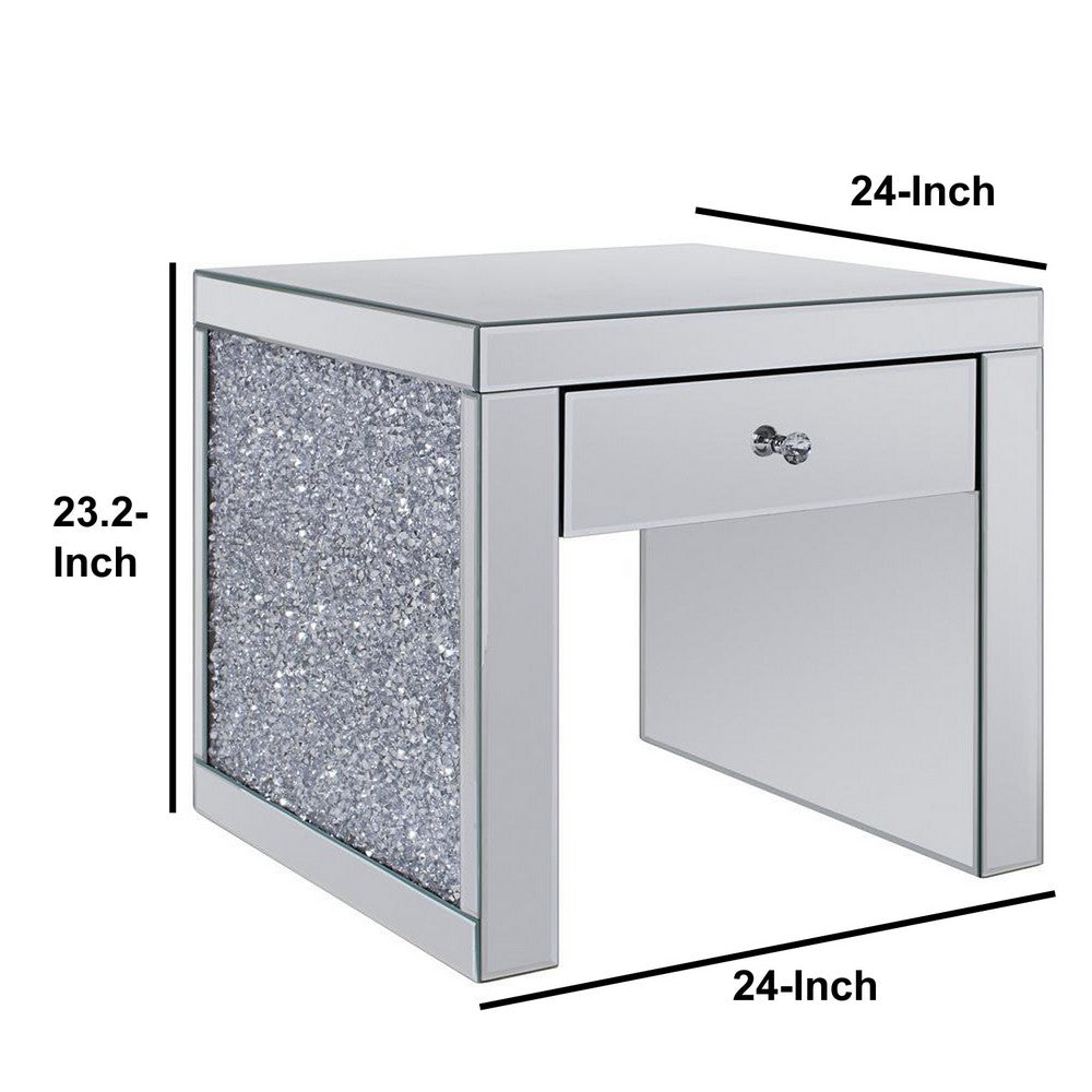 Benjara Wood And Mirror End Table with One Drawer, Clear