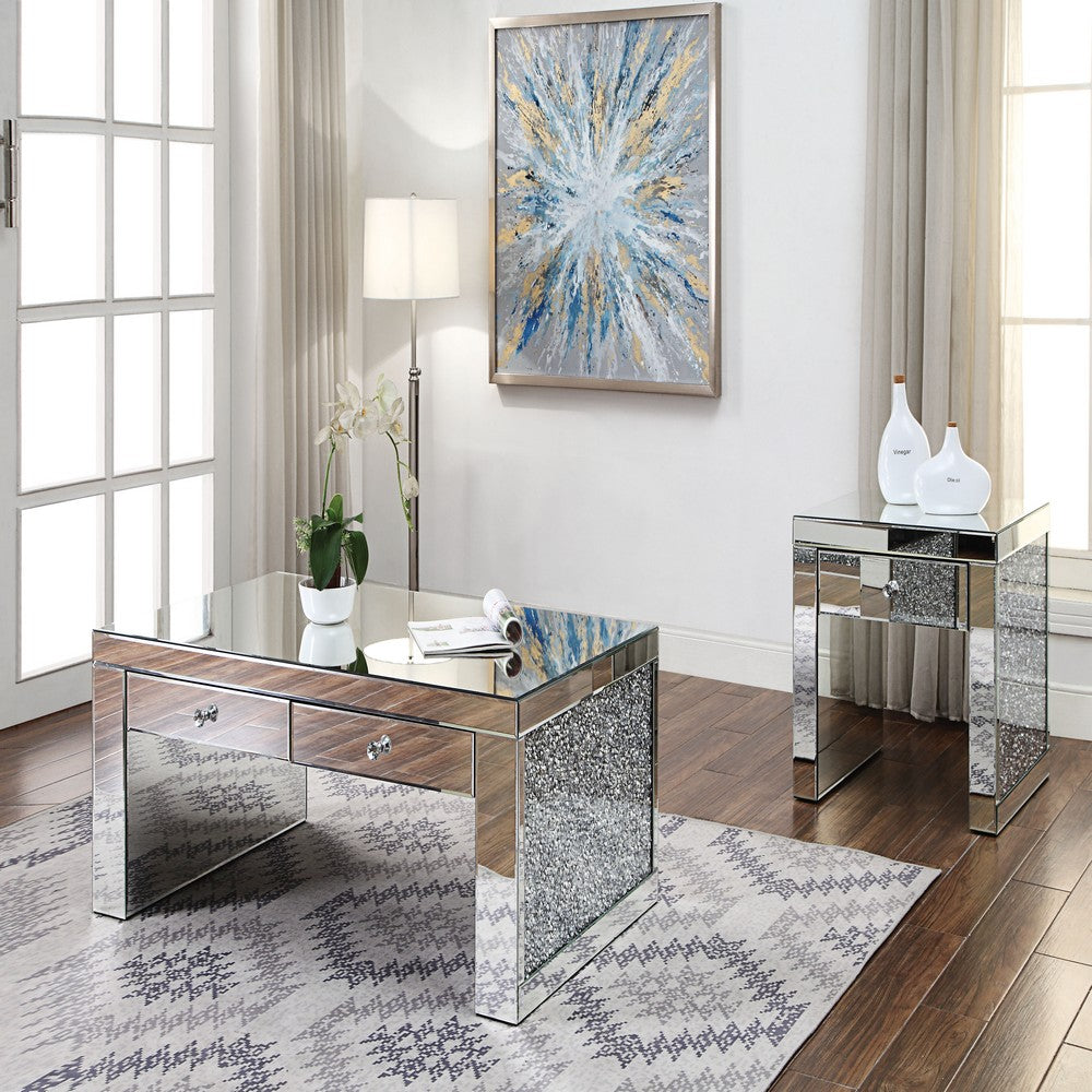 Benjara Wood And Mirror End Table with One Drawer, Clear