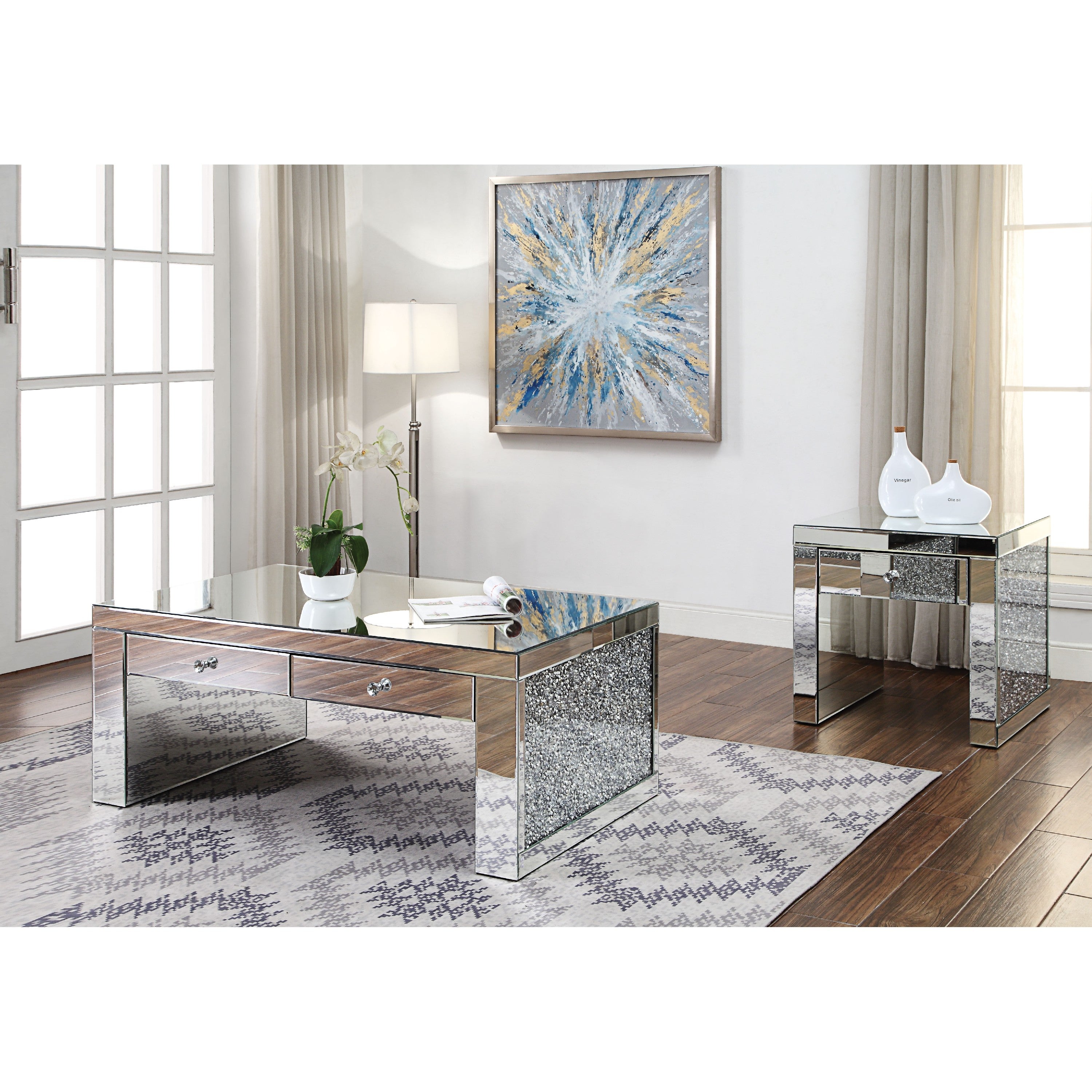 Benjara Wood And Mirror End Table with One Drawer, Clear