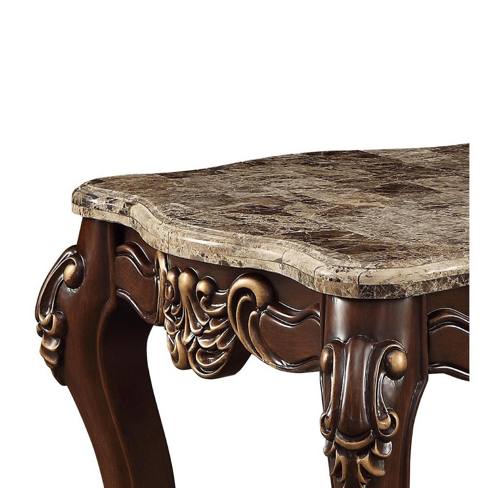 Benzara Square Marble Top End Table With Carved Floral Motifs Wooden Feet, Brown