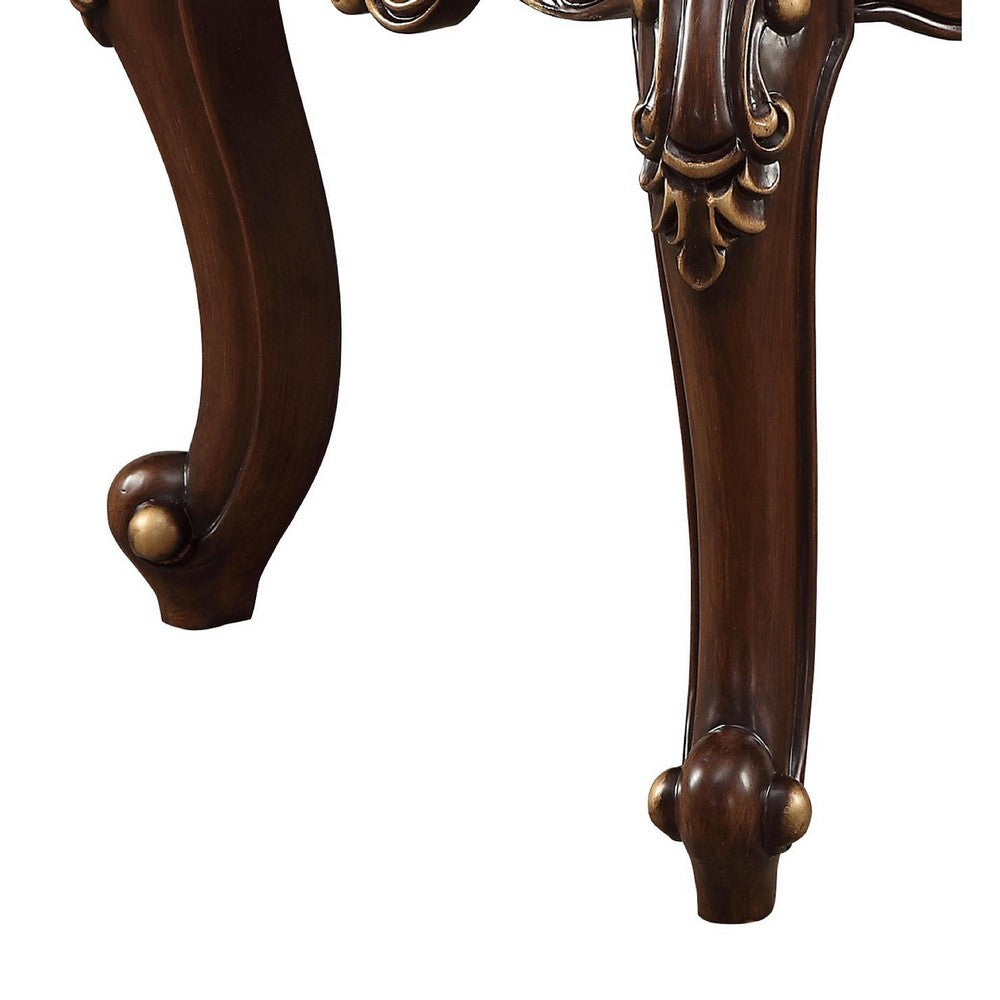 Benzara Square Marble Top End Table With Carved Floral Motifs Wooden Feet, Brown