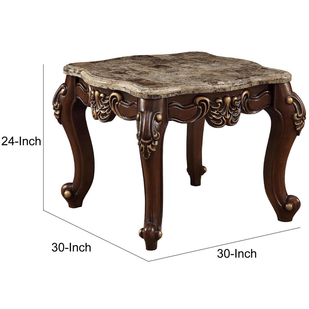 Benzara Square Marble Top End Table With Carved Floral Motifs Wooden Feet, Brown