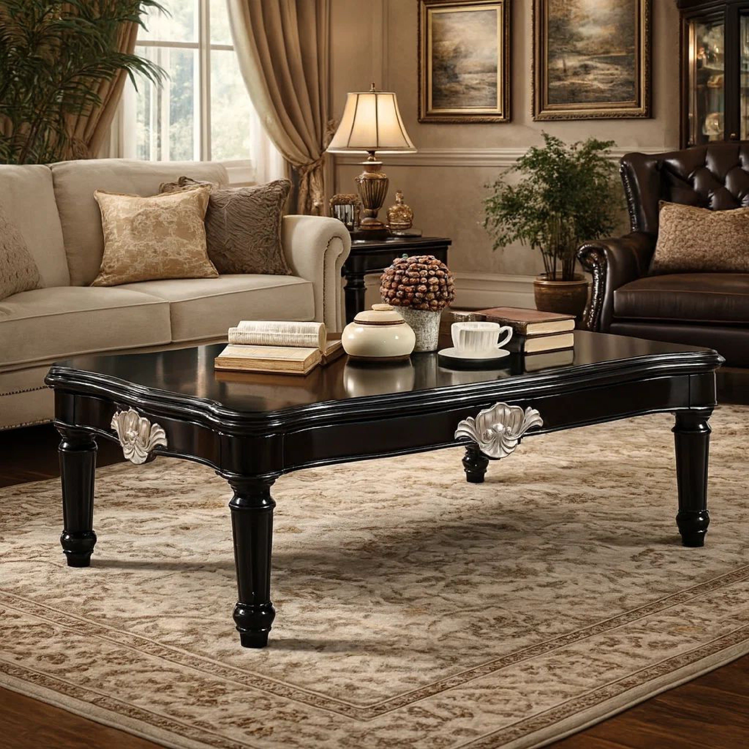Benzara Traditional Rectangular Wooden Coffee Table with Scalloped Top, Black