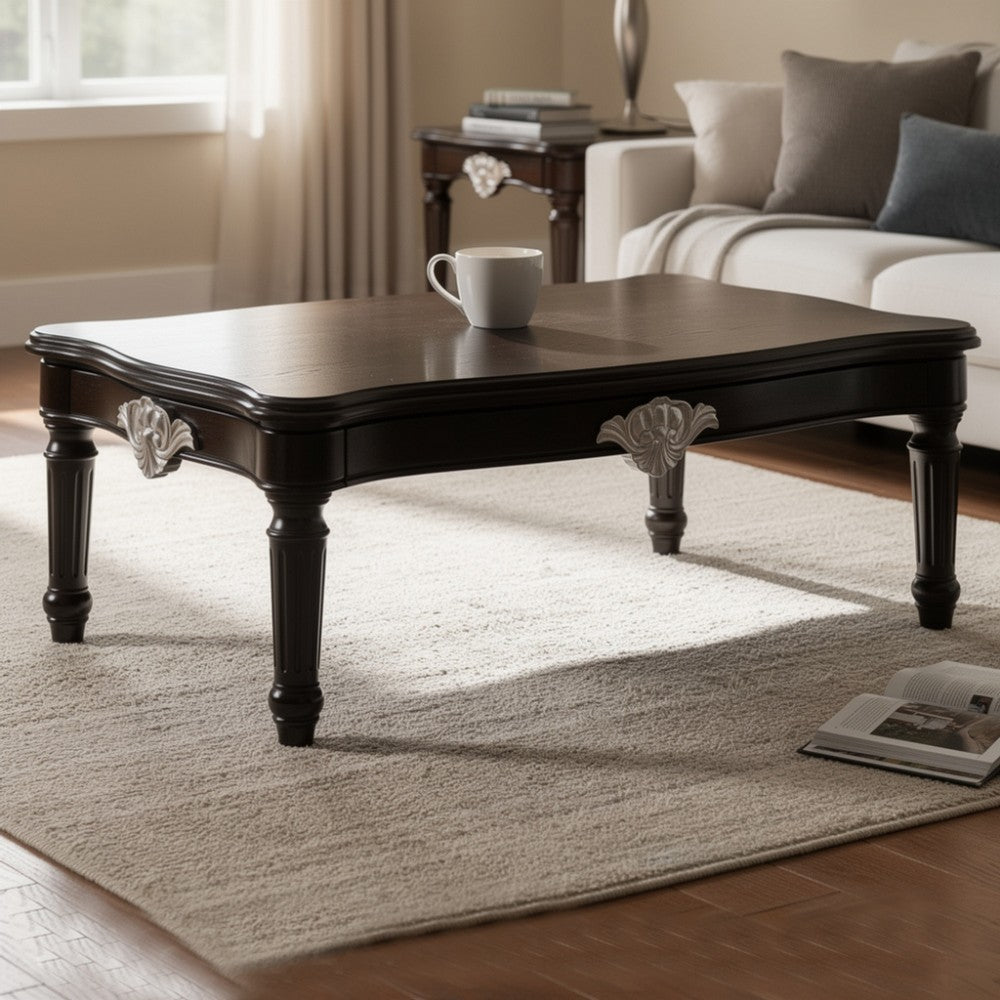 Benzara Traditional Rectangular Wooden Coffee Table with Scalloped Top, Black