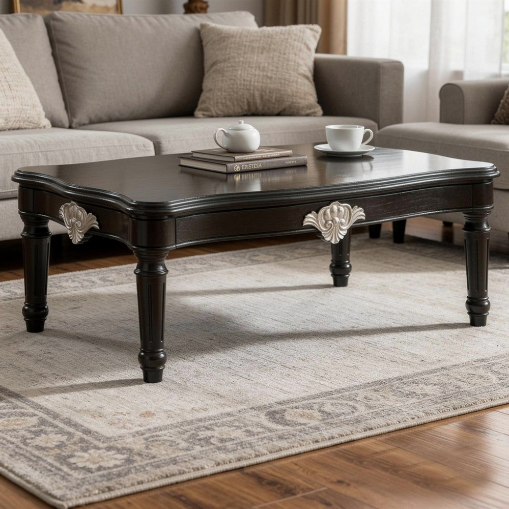 Benzara Traditional Rectangular Wooden Coffee Table with Scalloped Top, Black