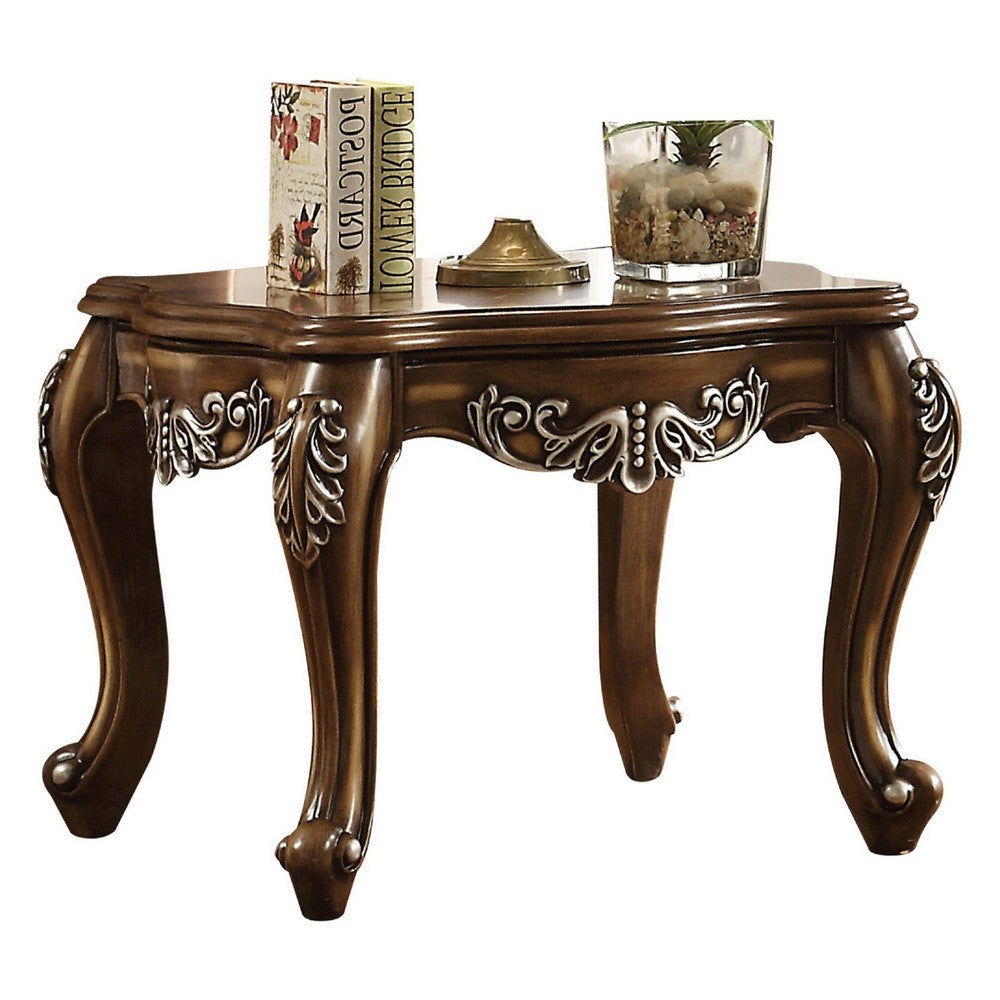 ACME Wooden End Table With Fine Scrolled Work, Antique Oak Brown