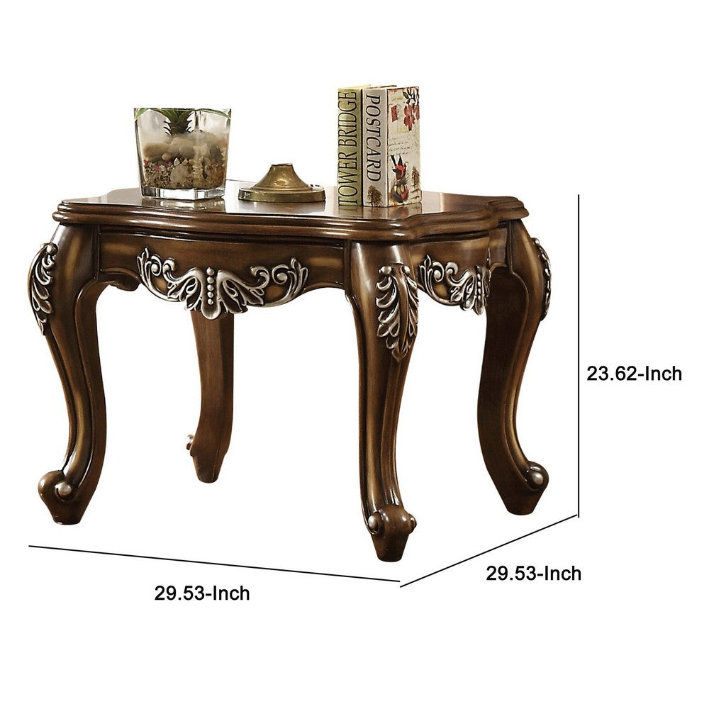 ACME Wooden End Table With Fine Scrolled Work, Antique Oak Brown